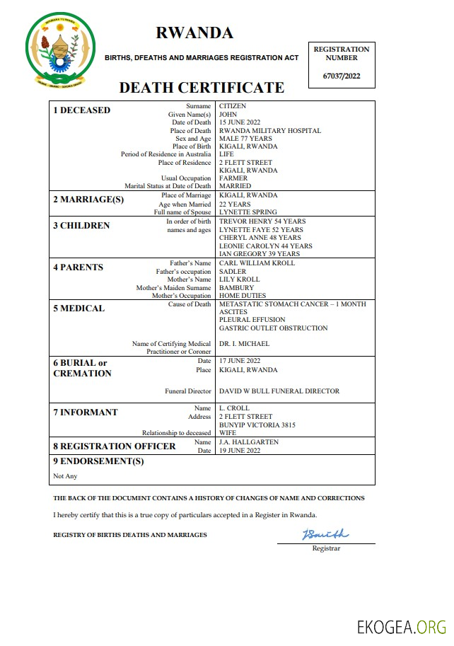 Modèle Word et PDF de certificat de décès de l'état civil du Rwanda